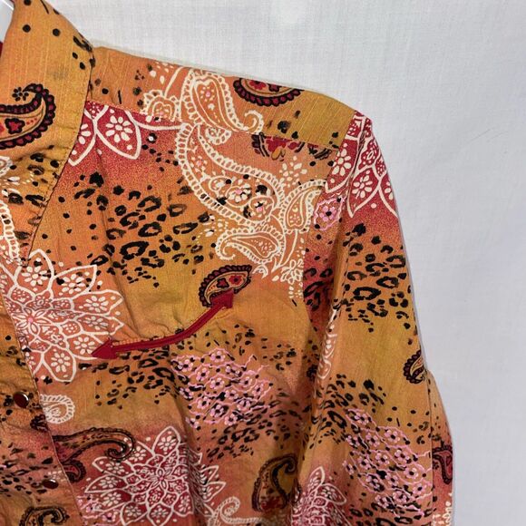 Wrangler Women’s Ruby Red Snap Shirt Size Medium Orange Floral Western Rodeo - Picture 4 of 12